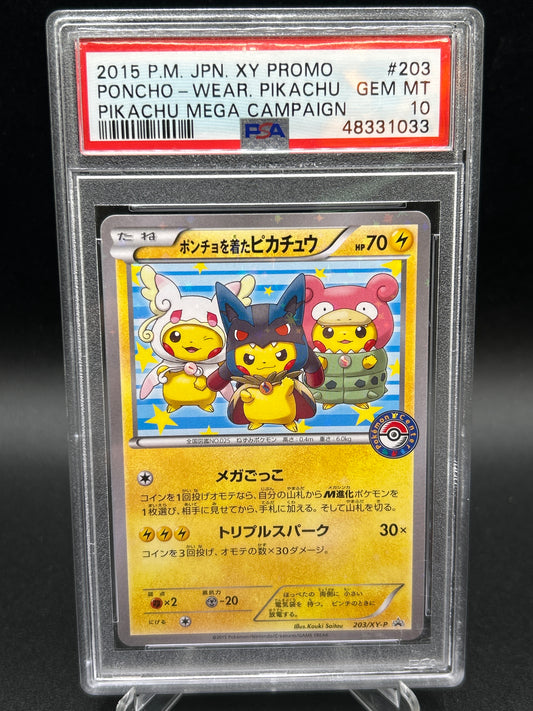 PSA 10 Pokémon TCG: 2015 Japanese Poncho Wearing Pikachu 203/XY-P Pikachu Mega Campaign