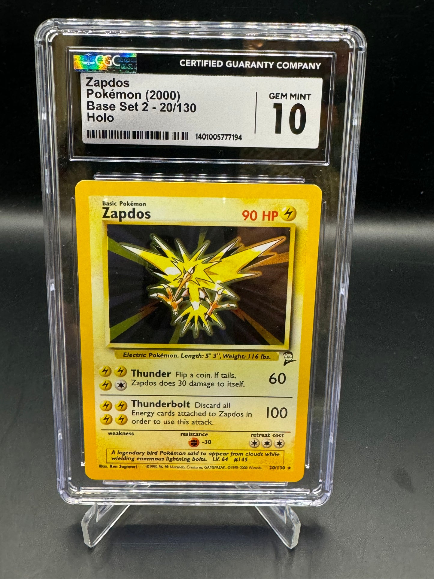 CGC 10 Pokémon TCG: 1999 Zapdos 20/130 Base Set 2 Holo Pop 31