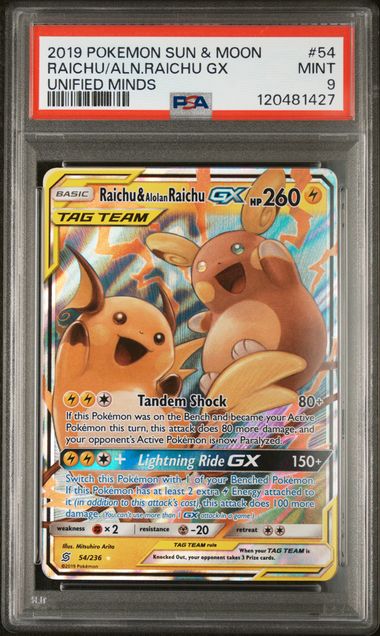 PSA 9 Pokémon TCG: 2019 Raichu & Alolan Raichu GX 54/236 SM: Unified Minds
