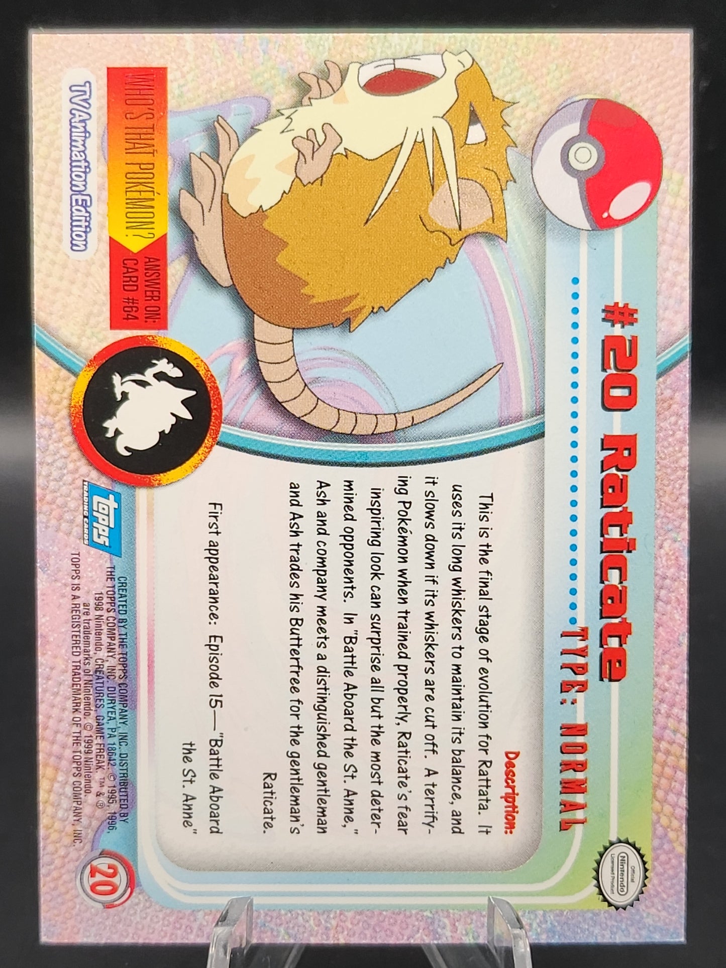 Pokémon TCG: 1999 Raticate #20 Topps Pokémon TV Series