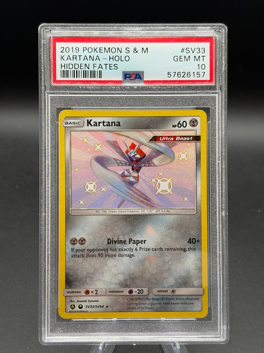 PSA 10 Pokémon TCG: 2019 POKEMON SUN & MOON HIDDEN FATES #SV33 KARTANA-HOLO HIDDEN FATES