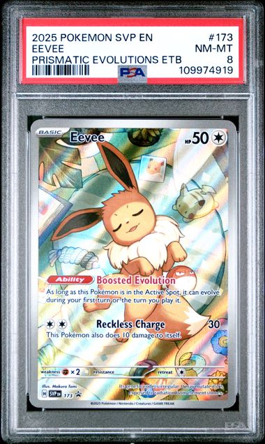 PSA 8 Pokémon TCG: 2025 Eevee 173 S&V Prismatic Evolutions ETB
