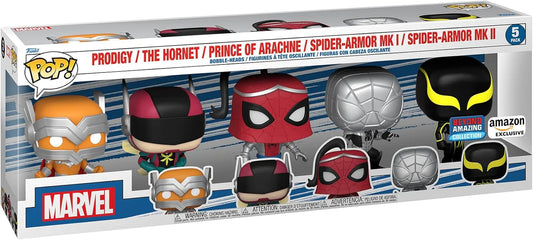 Funko PoP! Marvel: Prodigy / The Hornet / Prince of Arachne / Spider-Armor MK I / Spider-Armor MK II (Beyond Amazing Collection)(Amazon Exclusive)