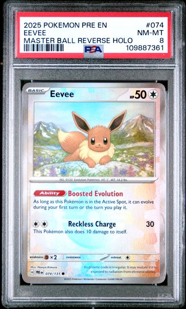 PSA 8 Pokémon TCG: 2025 Eevee Master Ball 074/131 S&V: Prismatic Evolutions