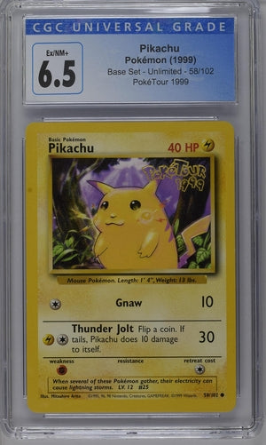 CGC 6.5 Pokémon TCG 1999 Pikachu 58/102 Base Set Unlimited (Pokétour 1999 Promo)