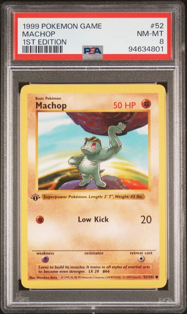 PSA 8 Pokémon TCG: 1999 Machop 52/102 Base Set 1st Edition Shadowless