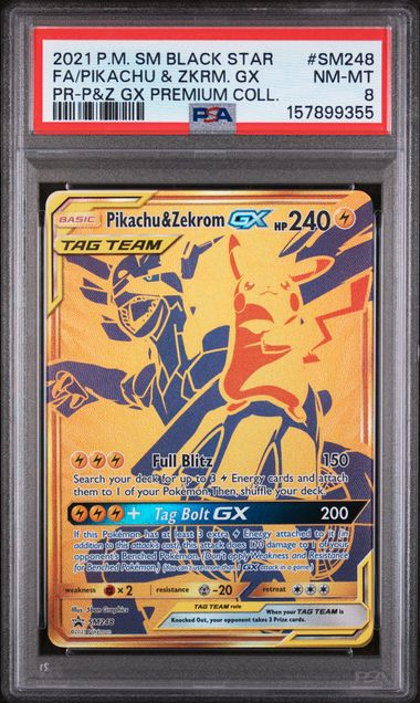 PSA 8 Pokémon TCG: 2021 POKEMON SM BLACK STAR PROMO #SM248 FA/PIKACHU & ZKRM. GX PR-P&Z GX PREMIUM COLL.