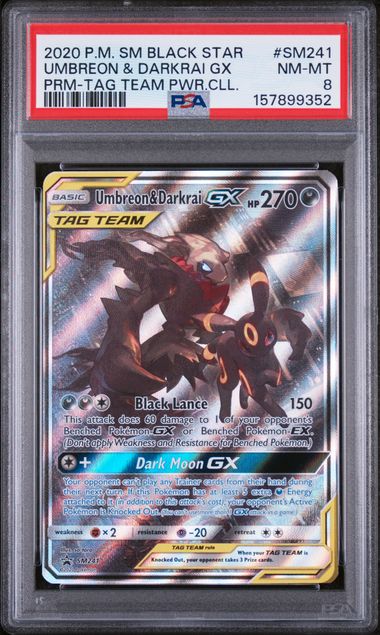 PSA 8 Pokémon TCG: 2020 POKEMON SM BLACK STAR PROMO #SM241 UMBREON & DARKRAI GX PRM-TAG TEAM PWR.CLL.