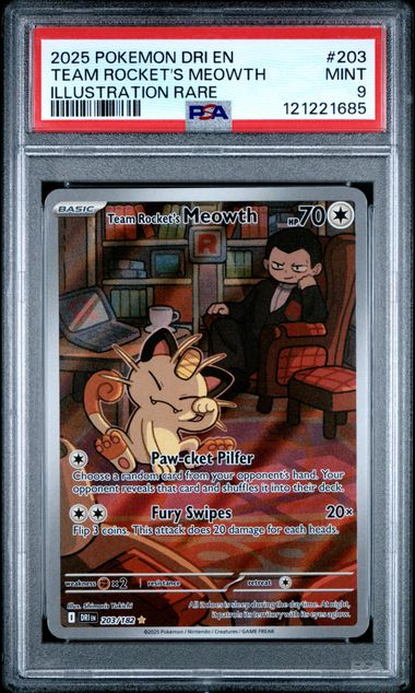 PSA 9 Pokémon TCG: 2025 Team Rocket Meowth Illustration Rare 203/182