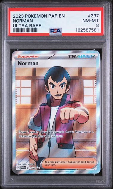 PSA 8 Pokémon TCG: 2023 NORMAN 237/182 ULTRA RAREPOKEMON PARADOX RIFT