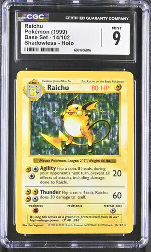 CGC 9 Pokémon TCG 1999 Raichu 14/102 Base Set Shadowless Unlimited