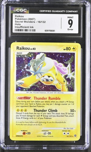 CGC 9 Pokémon TCG: 2007 Raikou LV.42 16/132 (Insufficient Ink Error) Secret Wonders