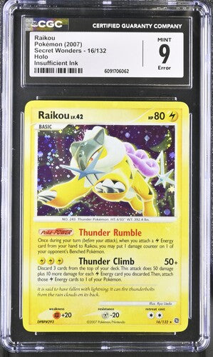 CGC 9 Pokémon TCG: 2007 Raikou LV.42 16/132 (Insufficient Ink Error) Secret Wonders