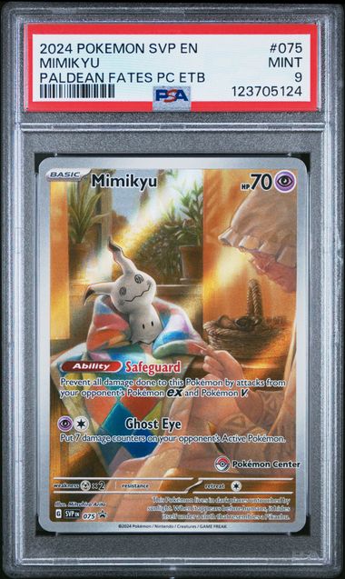 PSA 9 Pokémon TCG: 2024 Mimikyu #075 S&V: Paldean Fates Pokemon Center Stamp