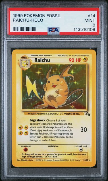 PSA 9 Pokémon TCG: 1999 Raichu 14/62 Fossil Unlimited Holo