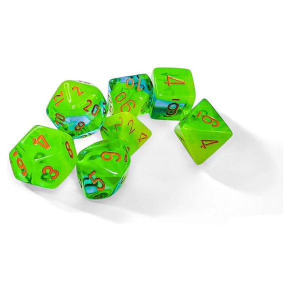 Chessex: Gemini Polyhedral Plasma Green-Teal/Orange Luminary 7-Die Set A