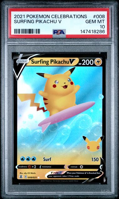 PSA 10 Pokémon TCG: 2021 Surfing Pikachu V 008/025 Celebrations
