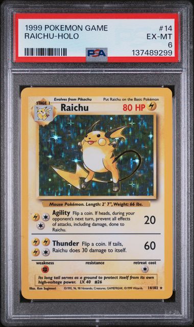 PSA 6 Pokémon TCG: 1999 Raichu 14/102 Base Set Holo