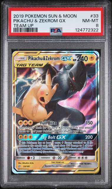 PSA 8 Pokémon TCG: 2019 Pikachu & Zekrom GX 33/181 Team Up Tag Team