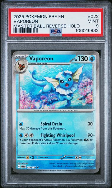 PSA 9 Pokémon TCG: 2025 Vaporeon 022/131 SV: Prismatic Evolution Master Ball Reverse Holo