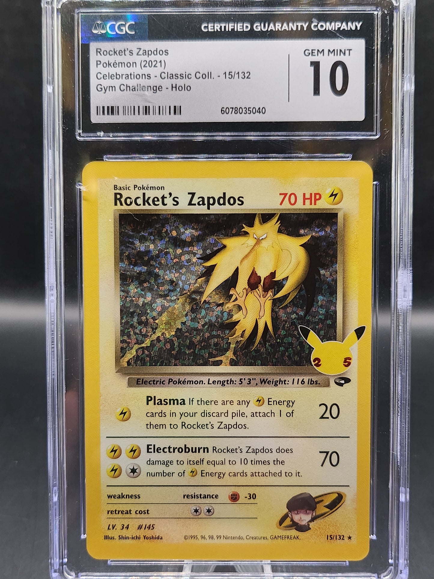 CGC 10 Pokémon TCG: 1999 Rocket's Zapdos 15/132 Celebrations: Classic Collection