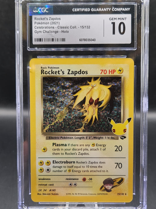 CGC 10 Pokémon TCG: 1999 Rocket's Zapdos 15/132 Celebrations: Classic Collection