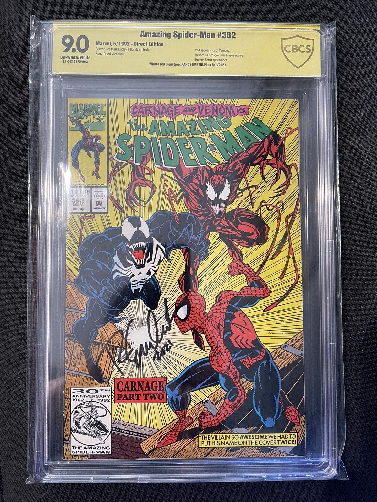 Marvel Comics Amazing Spider-Man #362 CBCS 9.0 Singed by Randy Emberlin Venom + Carnage