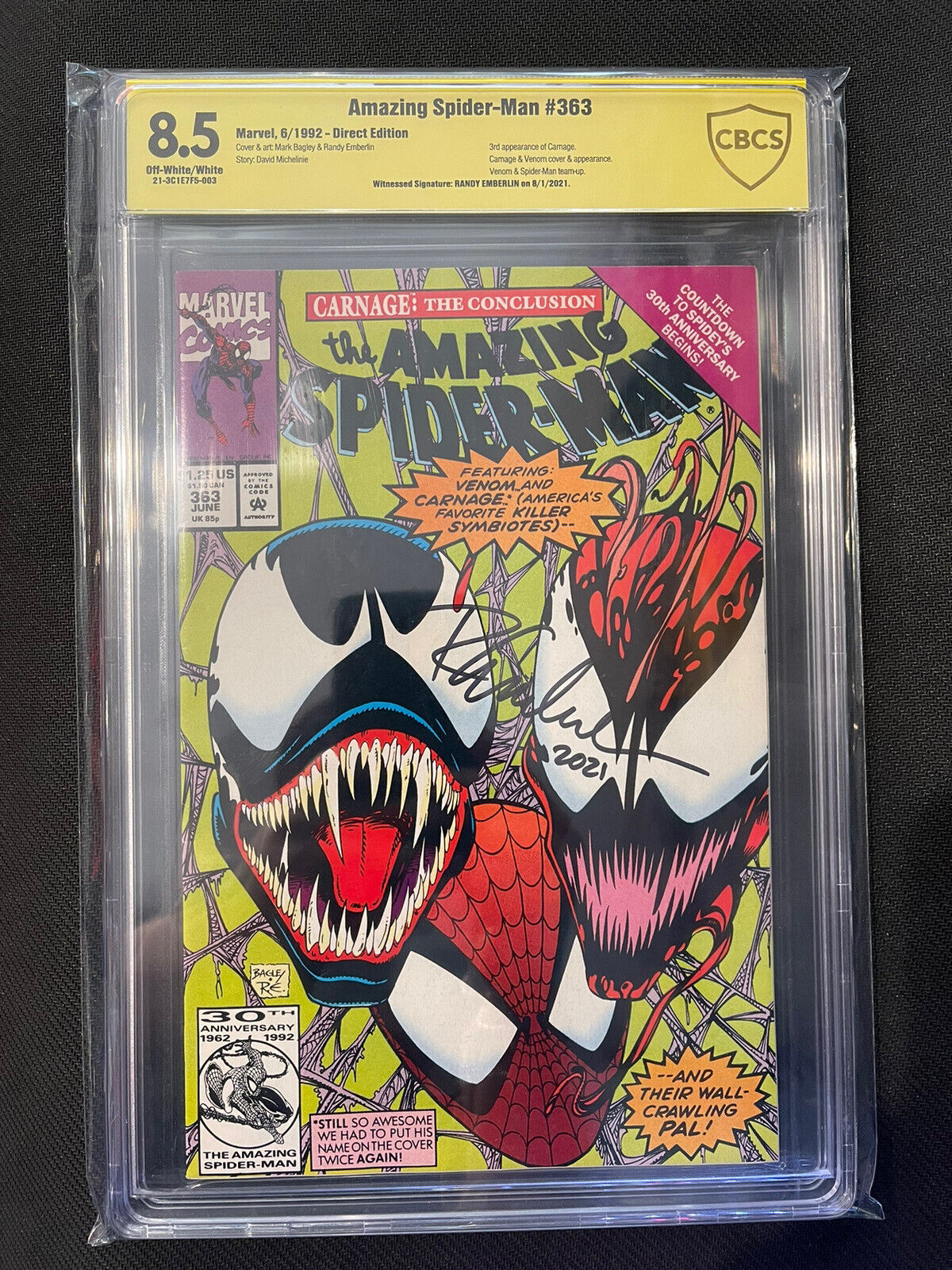 Marvel Comics Amazing Spider-Man #363 CBCS 8.5 Singed by Randy Emberlin Venom + Carnage